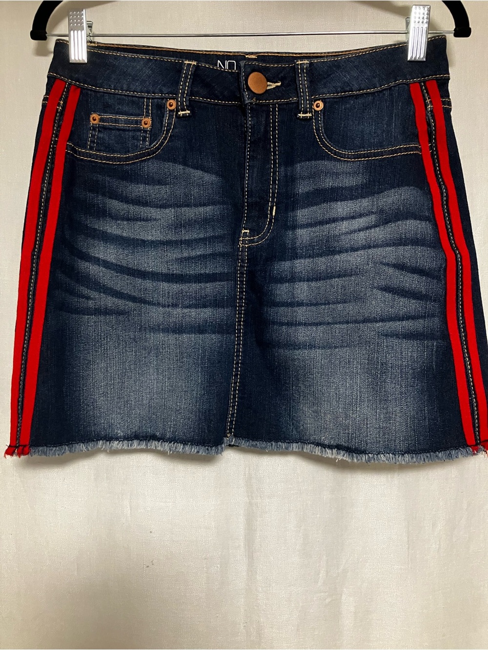 No Boundaries Dark Wash Denim Mini Skirt with Red Side Stripes size 11